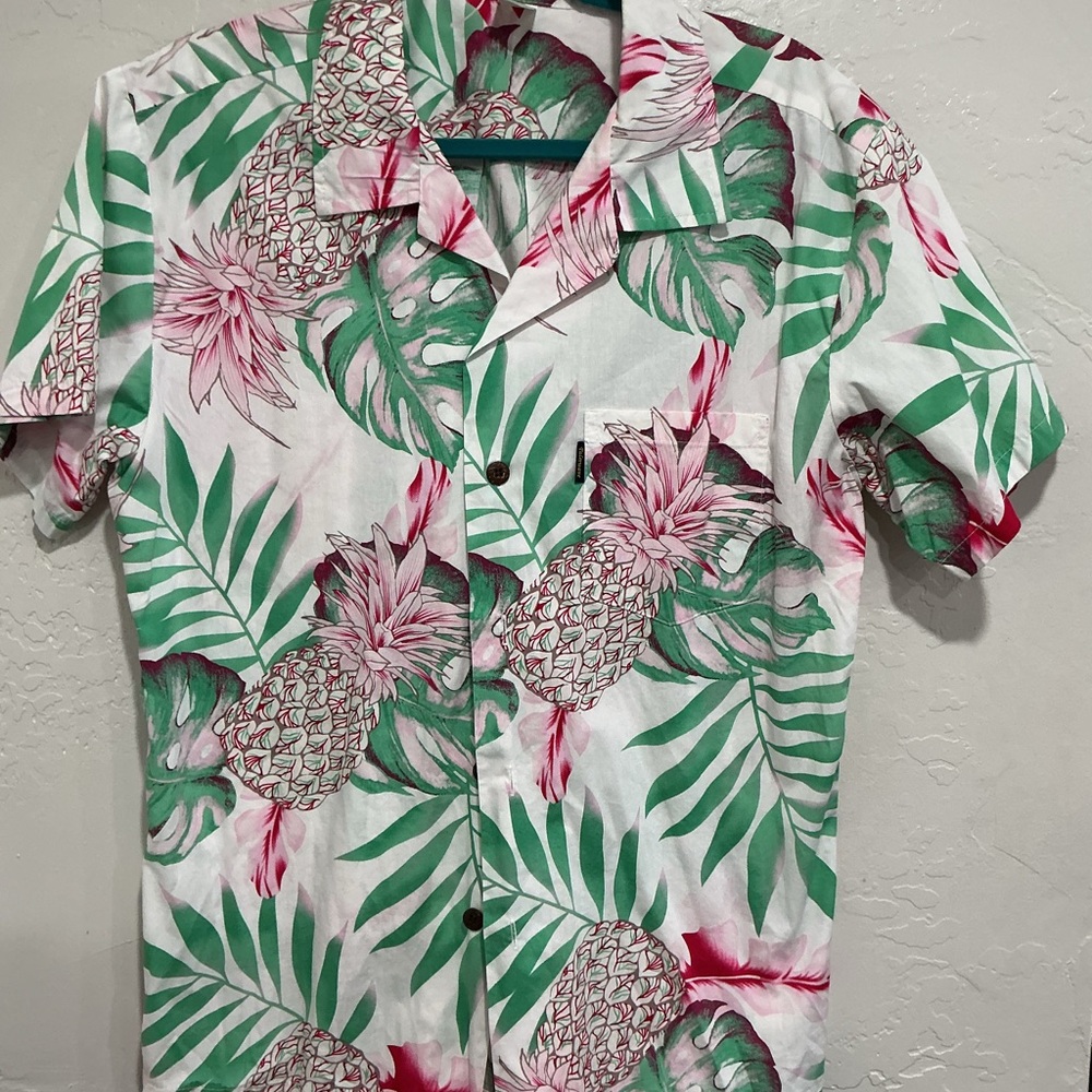Tropical Green and Pink Pineapple Print Men's Shirt